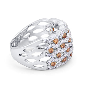 Wide Band Half Eternity Ring Round Simulated Champagne CZ 925 Sterling Silver